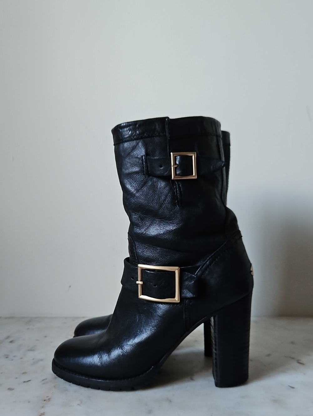 JIMMY CHOO: Black Leather Mid Calf Moto Boots